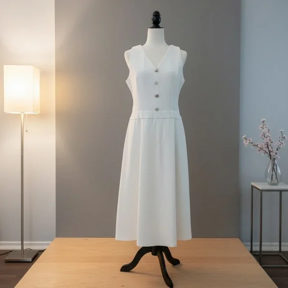 Elegant White Sleeveless Dress with Belt - Picture 5 of 6